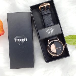 TOMI Classic Watch with black leather strap in a black gift box